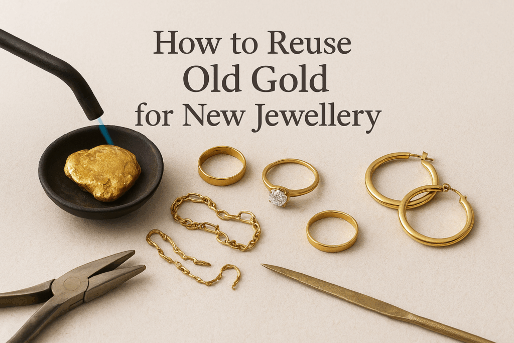 A jeweller’s setup showing old gold being melted with a torch in a crucible, alongside worn gold jewellery pieces and newly crafted modern rings and earrings, symbolizing the process of reusing old gold for new jewellery.