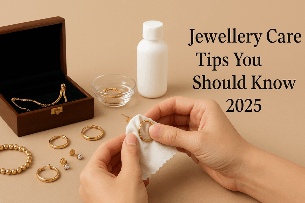 A jewellery care themed setup with cleaning tools, soft cloth, and sparkling jewellery displayed neatly, symbolizing modern jewellery maintenance in 2025.