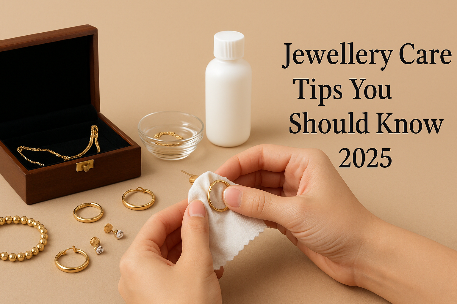 A jewellery care themed setup with cleaning tools, soft cloth, and sparkling jewellery displayed neatly, symbolizing modern jewellery maintenance in 2025.