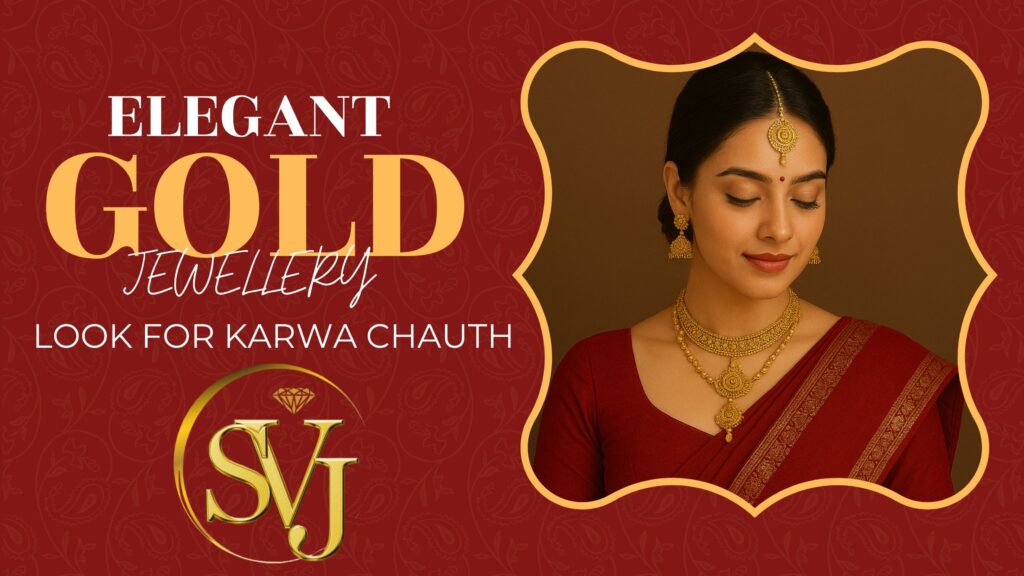 Elegant gold jewellery look for Karwa Chauth featuring a woman in traditional red saree with gold necklace, earrings, and maang tikka.