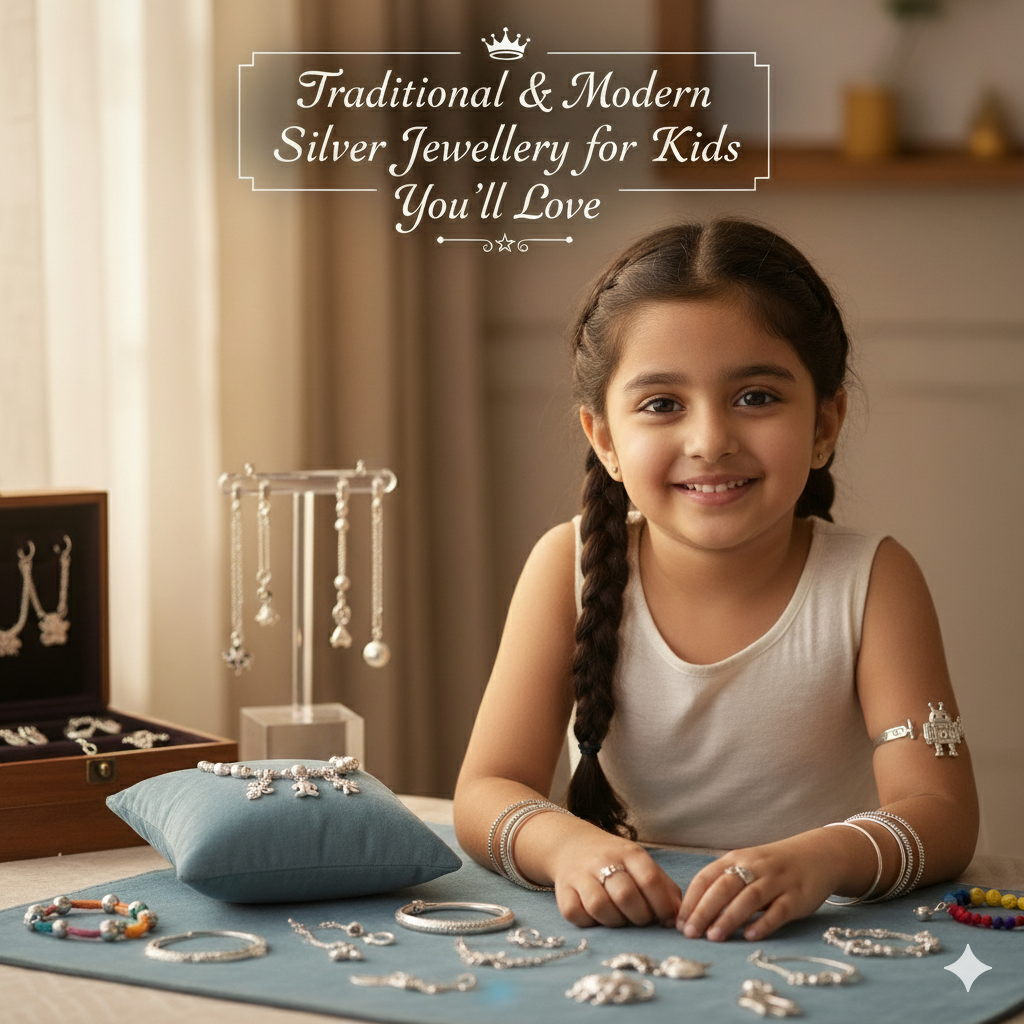 A smiling young girl wearing pure silver jewellery including bangles, rings, and an armlet, displayed with a wide collection of kids’ silver jewellery like anklets, bracelets, and earrings, perfect for traditional and modern styles.